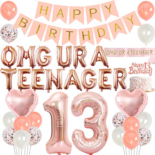 Funmemoir Teenager Birthday Party Decoration 13th Birthday Party Decorations for Girls with Rose Gold 13th Teenager Balloons Banner Sash Tinsel Cake Topper - Image 1