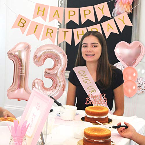 Funmemoir Teenager Birthday Party Decoration 13th Birthday Party Decorations for Girls with Rose Gold 13th Teenager Balloons Banner Sash Tinsel Cake Topper - Image 4