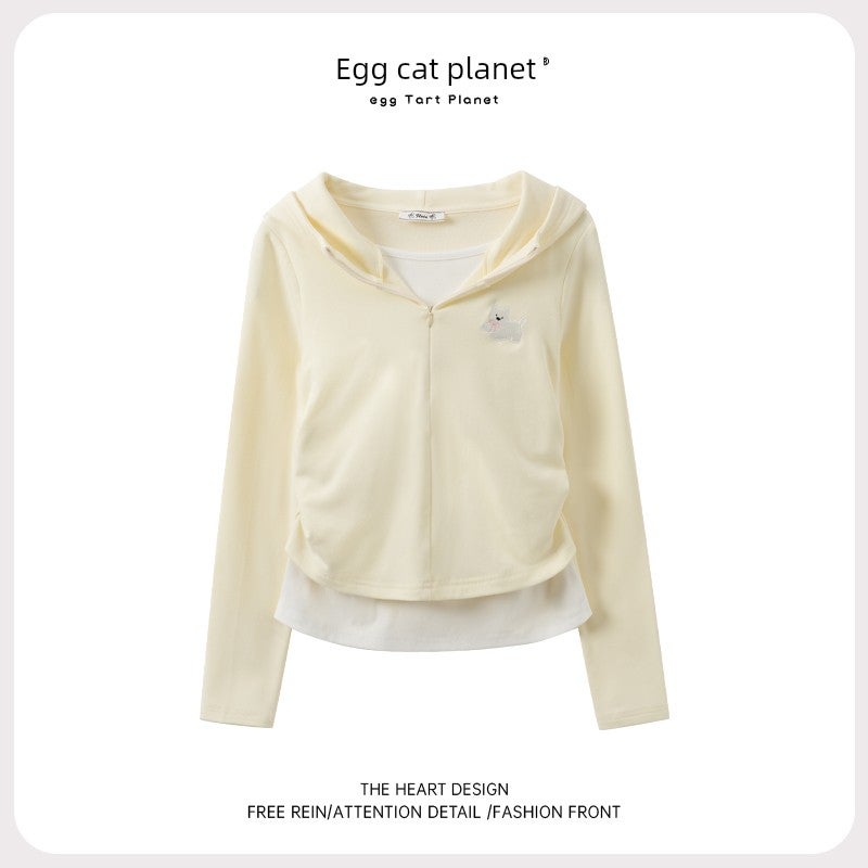 Milk yellow fake two-piece long-sleeved t-shirt for women's autumn shoulder cotton hat collar slim-fit short inner top - Image 1