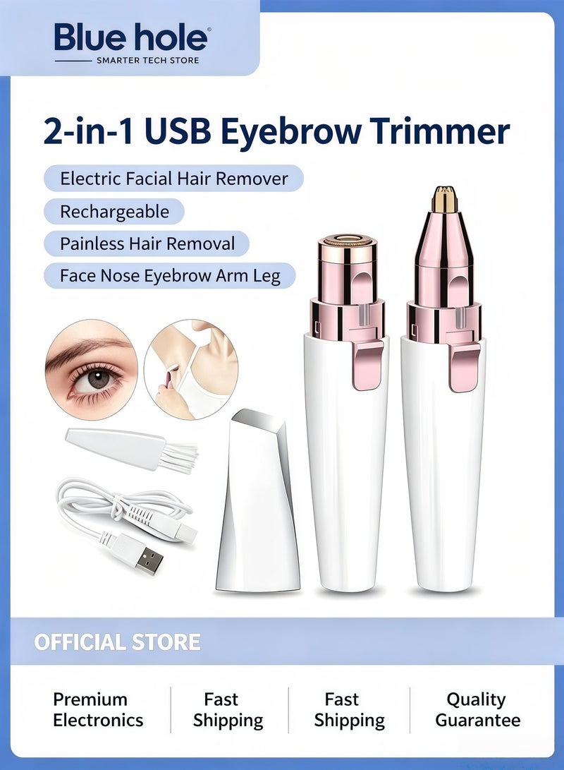 BlueHole 2-in-1 USB Eyebrow Trimmer, Electric Facial Hair Remover, Rechargeable Lady Painless Hair Remover for Face, Nose, Eyebrow, Arm, Leg, Armpit and Bikini - Image 1
