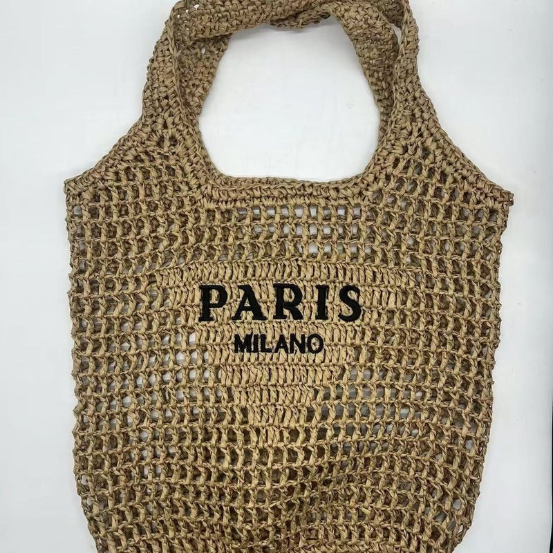 Women's Hand-Woven Openwork Bucket Bag with Embroidered Letters - Image 4