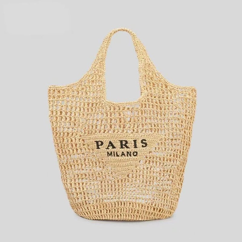 Women's Hand-Woven Openwork Bucket Bag with Embroidered Letters - Image 3