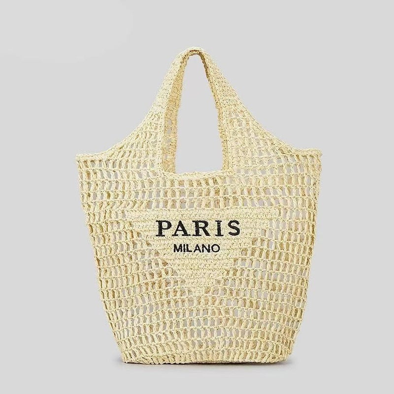 Women's Hand-Woven Openwork Bucket Bag with Embroidered Letters - Image 2