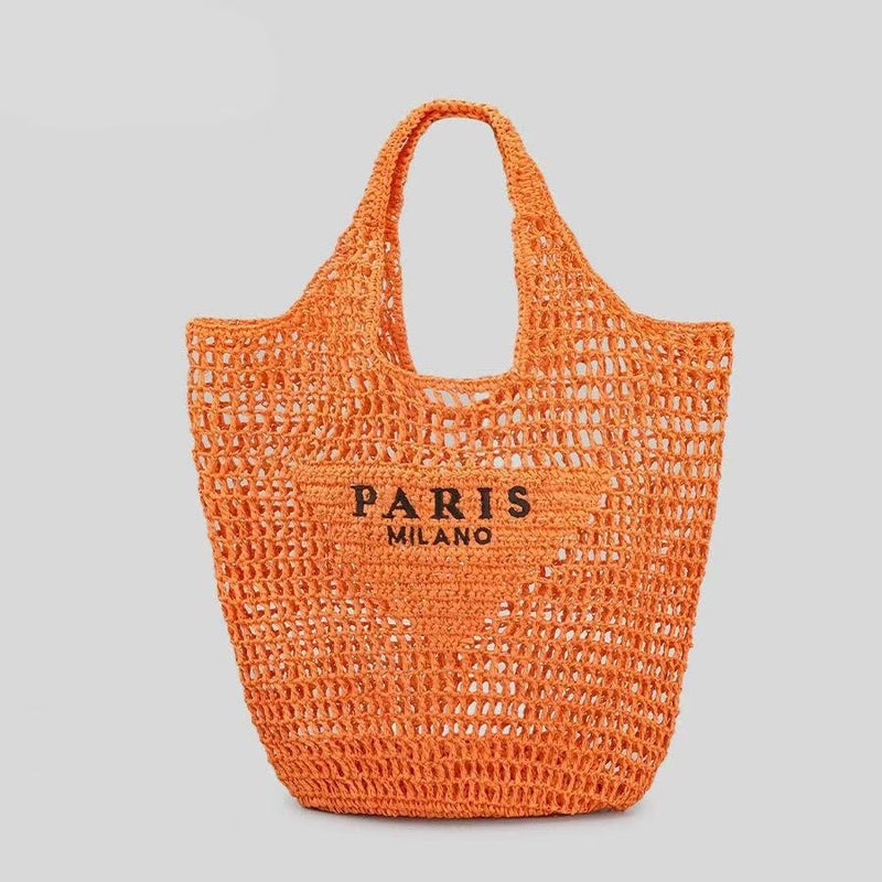 Women's Hand-Woven Openwork Bucket Bag with Embroidered Letters - Image 1
