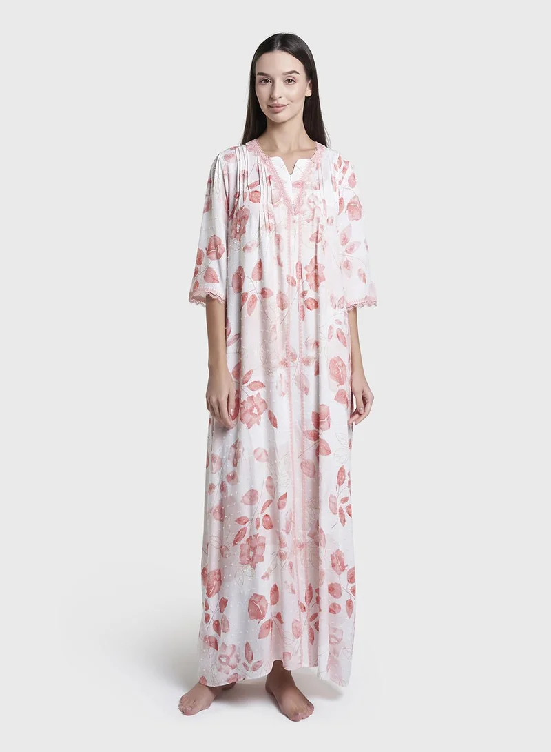 كشخة Rose  Print Dobby Rayon Long Nightwear Dress (CNH482)