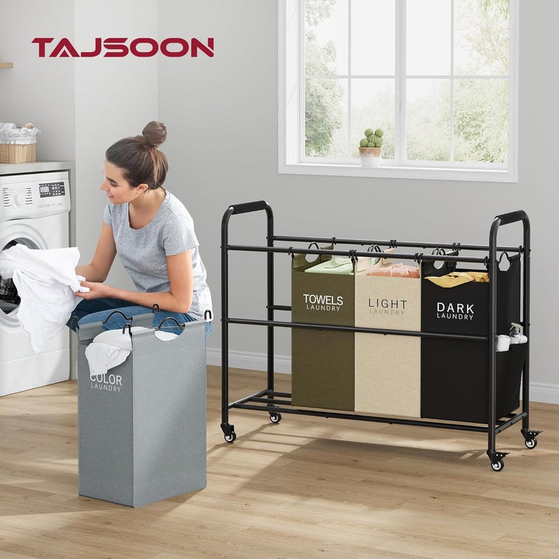 Tajsoon عربة تصنيف الملابس من بـ 4 أكياس، سلة تصنيف الملابس مقسمة إلى 4 أقسام مزودة بعجلات دوارة قوية قابلة للقفل، سلة فصل الملابس مع أكياس قابلة للإزالة لتخزين الملابس القذرة، 4 ألوان - Image 2