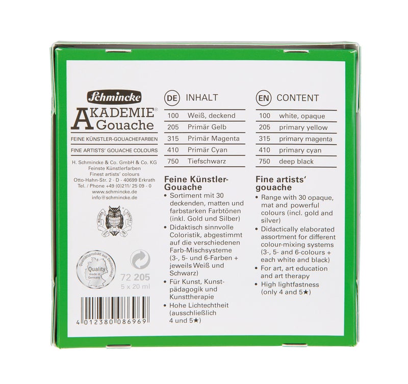 Schmincke - AKADEMIE® Gouache, 5 x 0,68 fl oz / 20 ml tubes, 72 205 097, 5 basic colors in a cardboard set, opaque, matt and intense colors, high lightfastness, mixing, color theory - Image 2