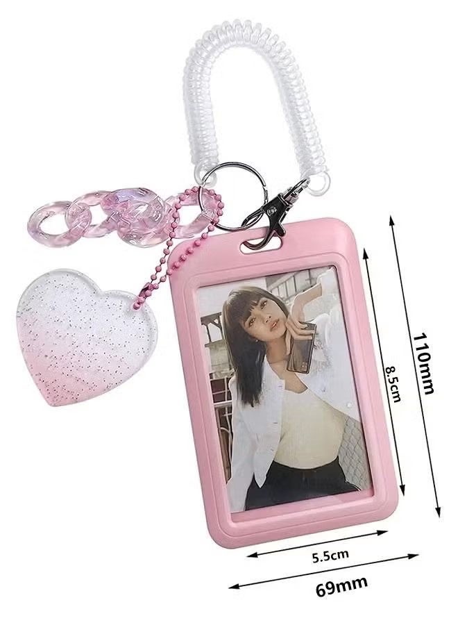 YJ Acrylic Photocard Holders Keychain ID Badge Holder with Spiral Wrist Coil Transparent Card Waterproof Photo Protector for School Office Access Women Girls (Pink,) - Image 5