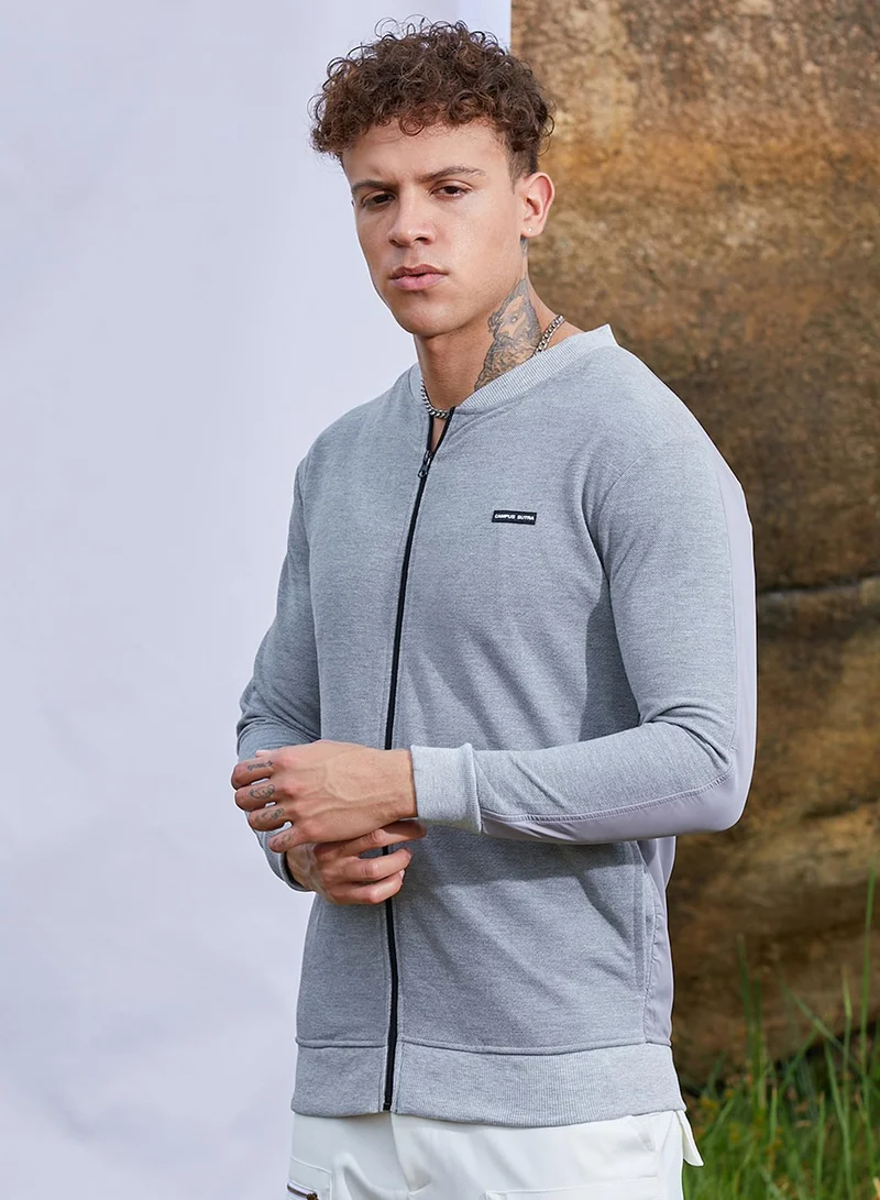 Campus Sutra Men's Light Grey Zip-Front Jacket With Ribbed Hem