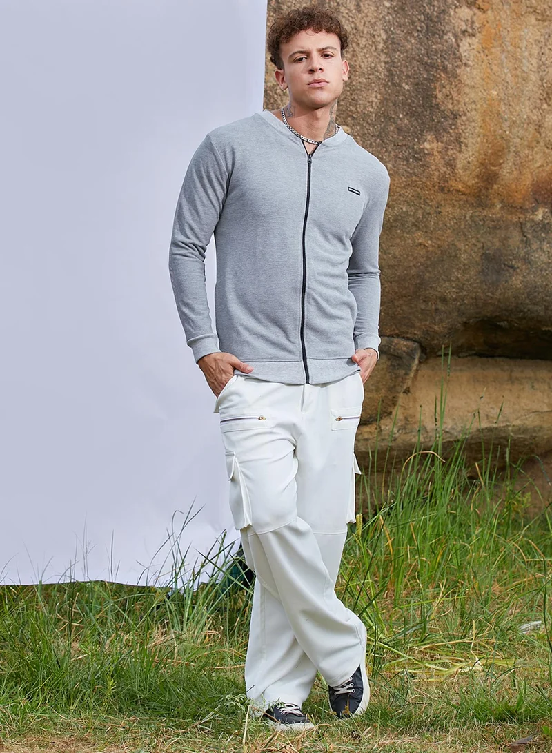 Campus Sutra Men's Light Grey Zip-Front Jacket With Ribbed Hem