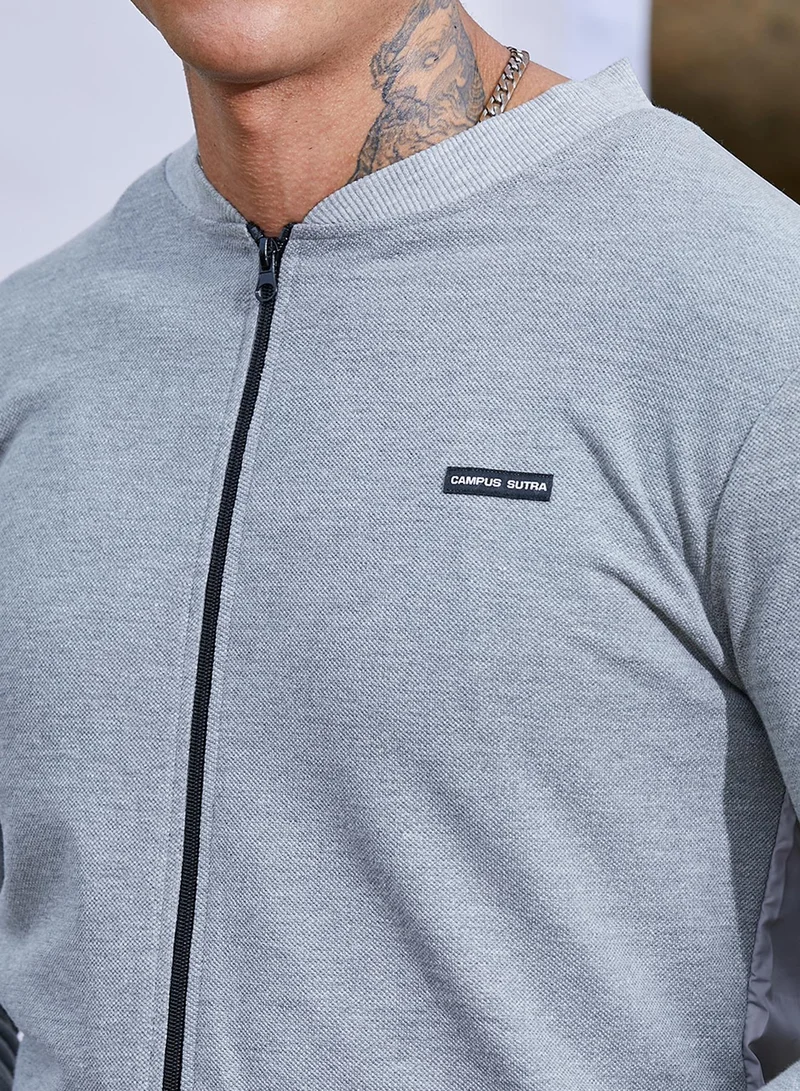 Campus Sutra Men's Light Grey Zip-Front Jacket With Ribbed Hem