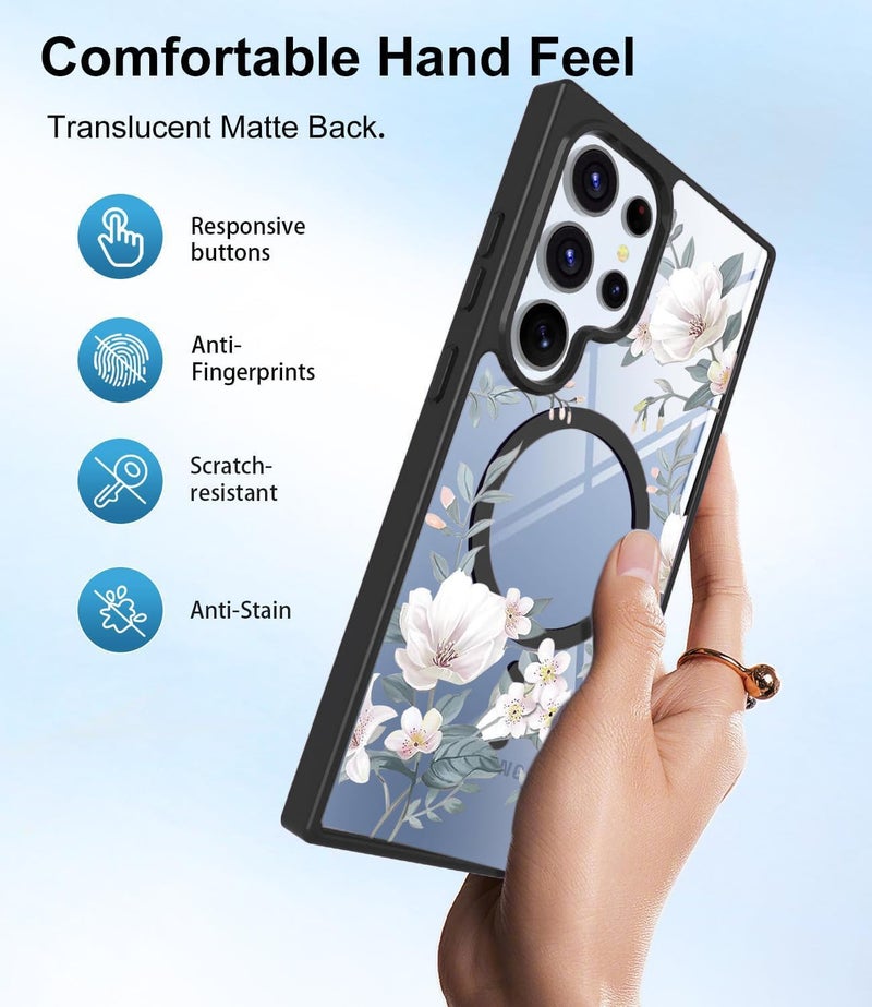 VONZEE Compatible with Samsung Galaxy S25 Ultra 5G Case Luxury Retro Flowers Floral Clear for Magnetic Wireless Charging Case Shockproof Case PC+TPU Cute Glossy Shiny Cover for Girls Women, Black - Image 2