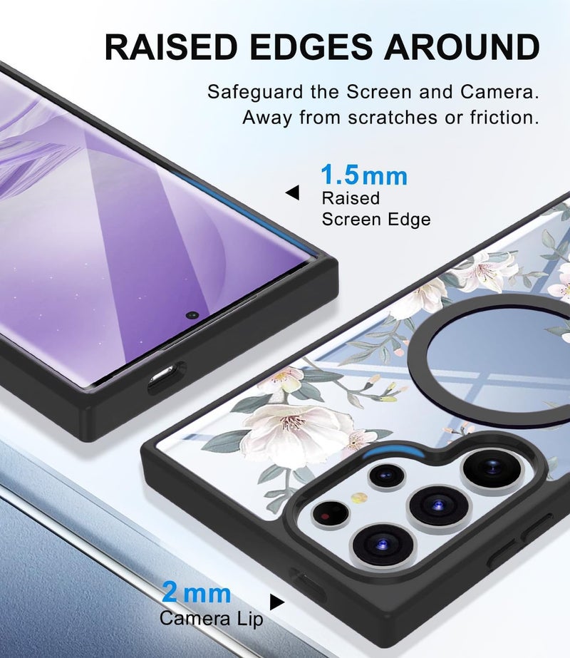 VONZEE Compatible with Samsung Galaxy S25 Ultra 5G Case Luxury Retro Flowers Floral Clear for Magnetic Wireless Charging Case Shockproof Case PC+TPU Cute Glossy Shiny Cover for Girls Women, Black - Image 4
