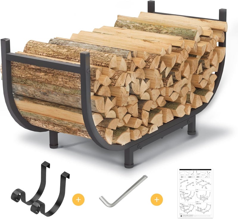 PROWORX Curved Firewood Rack Outdoor Indoor, Black 30 Inch Rustproof Fire Wood Storage Organizer, Metal Fireplace Log Holder with Removable Kindling Hooks - Image 1