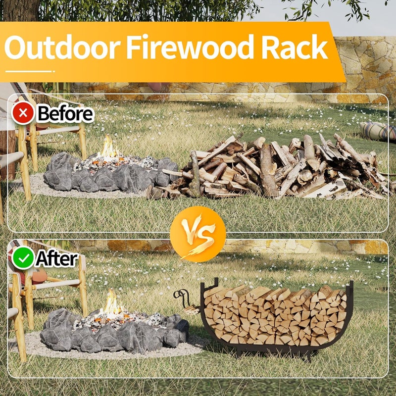 PROWORX Curved Firewood Rack Outdoor Indoor, Black 30 Inch Rustproof Fire Wood Storage Organizer, Metal Fireplace Log Holder with Removable Kindling Hooks - Image 3