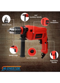 CHESTON Cheston 13mm Impact Drill Machine Reversible Hammer Driver Variable Speed Screwdriver with 13HSS and 5 Wall Bits in Tool Box Case red CHD13RE13HSS5WALLBOX  - Image 3