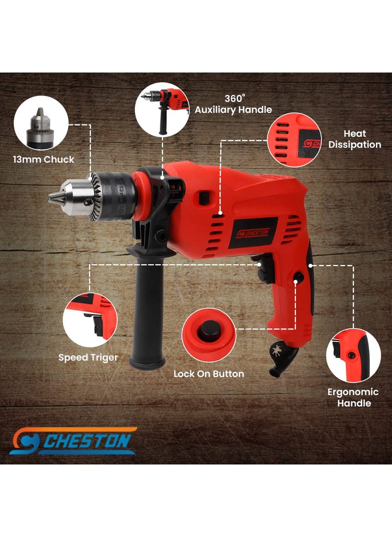 CHESTON - Cheston 13mm Impact Drill Machine Reversible Hammer Driver Variable Speed Screwdriver with 13HSS and 5 Wall Bits in Tool Box Case red CHD13RE13HSS5WALLBOX - Image 1