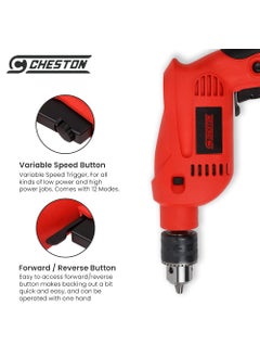 CHESTON Cheston 13mm Impact Drill Machine Reversible Hammer Driver Variable Speed Screwdriver with 13HSS and 5 Wall Bits in Tool Box Case red CHD13RE13HSS5WALLBOX  - Image 4