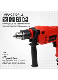 CHESTON Cheston 13mm Impact Drill Machine Reversible Hammer Driver Variable Speed Screwdriver with 13HSS and 5 Wall Bits in Tool Box Case red CHD13RE13HSS5WALLBOX  - Image 5