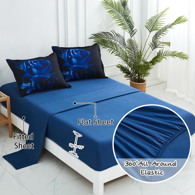 Xruibed Blue Comforter Set King 7 Piece Bed in a Bag Blue Rose Comforter with Sheet Set Soft Micorfiber Reversible Bedding Set (1 Comforter 2 Pillow Shams 1 Flat Sheet 1 Fitted Sheet 2 Pillowcases) - Image 4