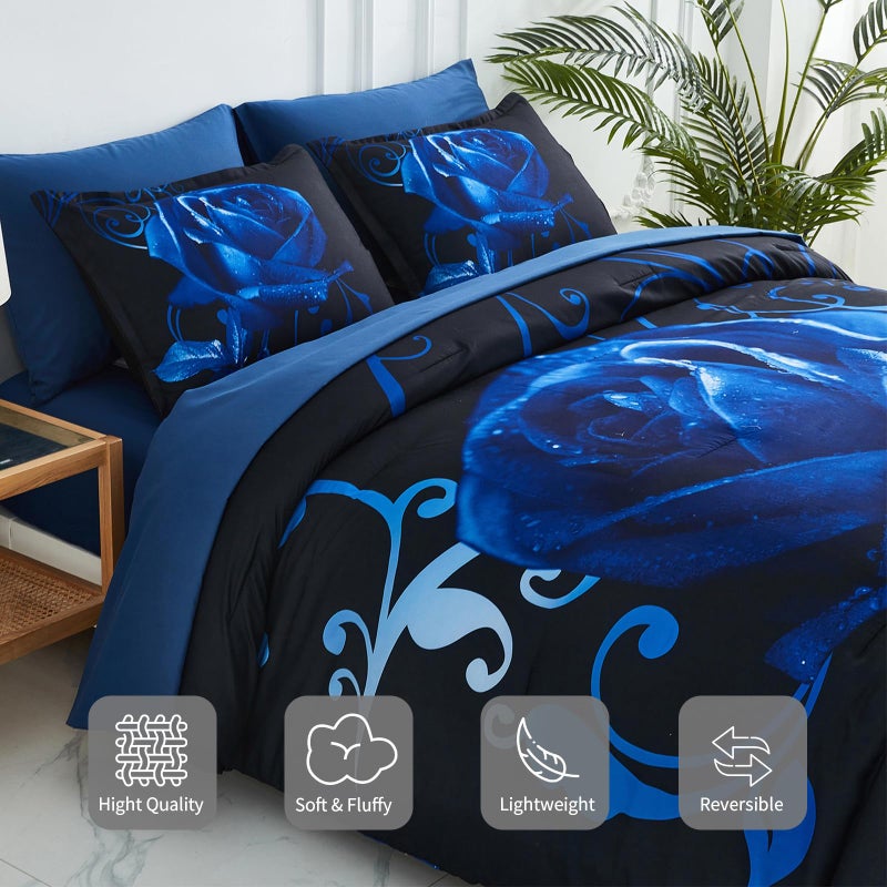Xruibed Blue Comforter Set King 7 Piece Bed in a Bag Blue Rose Comforter with Sheet Set Soft Micorfiber Reversible Bedding Set (1 Comforter 2 Pillow Shams 1 Flat Sheet 1 Fitted Sheet 2 Pillowcases) - Image 5