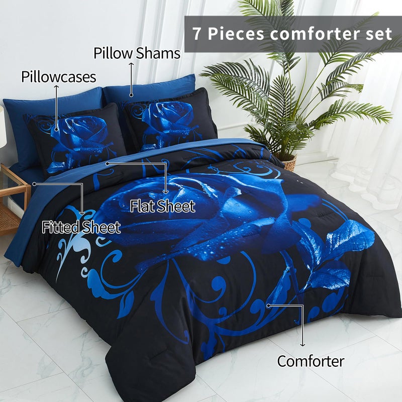 Xruibed Blue Comforter Set King 7 Piece Bed in a Bag Blue Rose Comforter with Sheet Set Soft Micorfiber Reversible Bedding Set (1 Comforter 2 Pillow Shams 1 Flat Sheet 1 Fitted Sheet 2 Pillowcases) - Image 3
