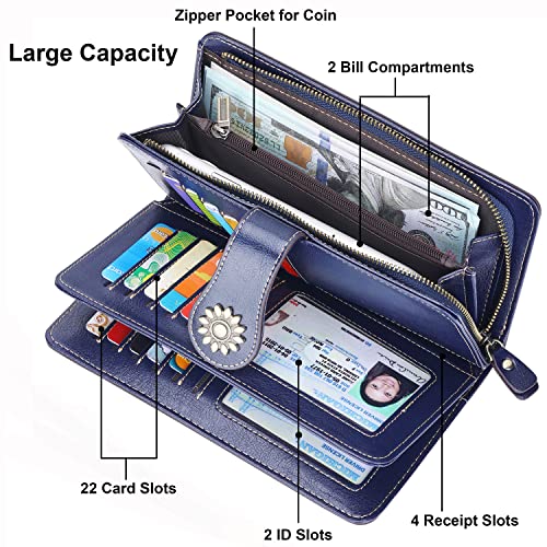 Lavemi Womens Large Capacity Genuine Leather RFID Blocking Wallets Wristlet Clutch Card Holder(1- Blue) - Image 5