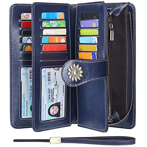 Lavemi Womens Large Capacity Genuine Leather RFID Blocking Wallets Wristlet Clutch Card Holder(1- Blue) - Image 1