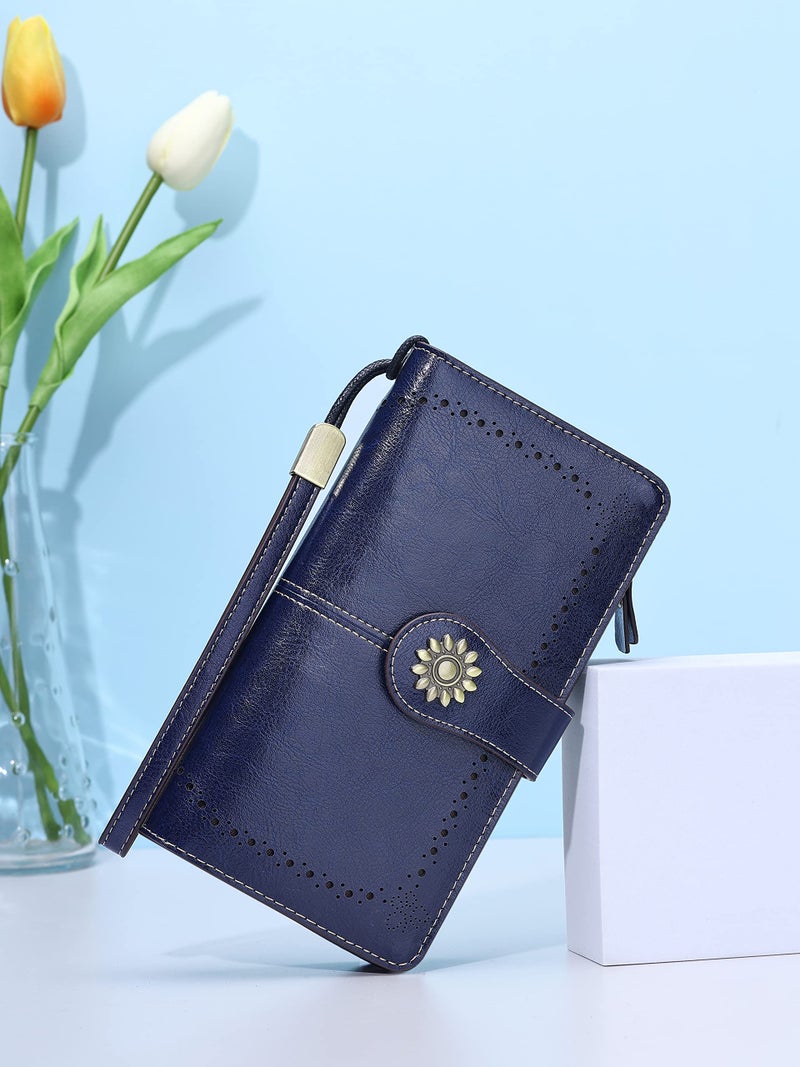 Lavemi Womens Large Capacity Genuine Leather RFID Blocking Wallets Wristlet Clutch Card Holder(1- Blue) - Image 2