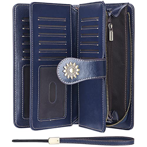 Lavemi Womens Large Capacity Genuine Leather RFID Blocking Wallets Wristlet Clutch Card Holder(1- Blue) - Image 3