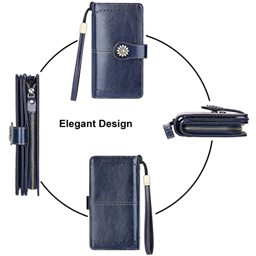 Lavemi Womens Large Capacity Genuine Leather RFID Blocking Wallets Wristlet Clutch Card Holder(1- Blue) - Image 4