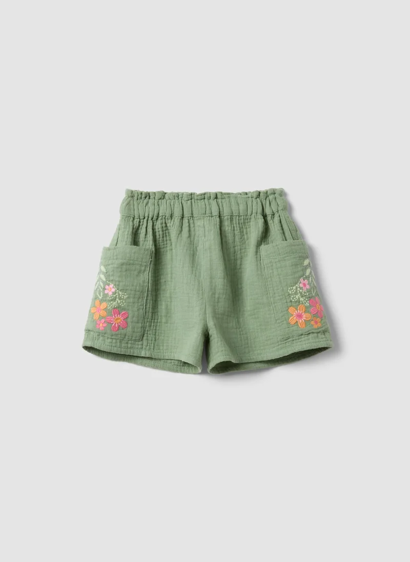 Ovs OVS Green Pure Cotton Shorts With Floral Embroidery For Baby Girl, Regular Fit