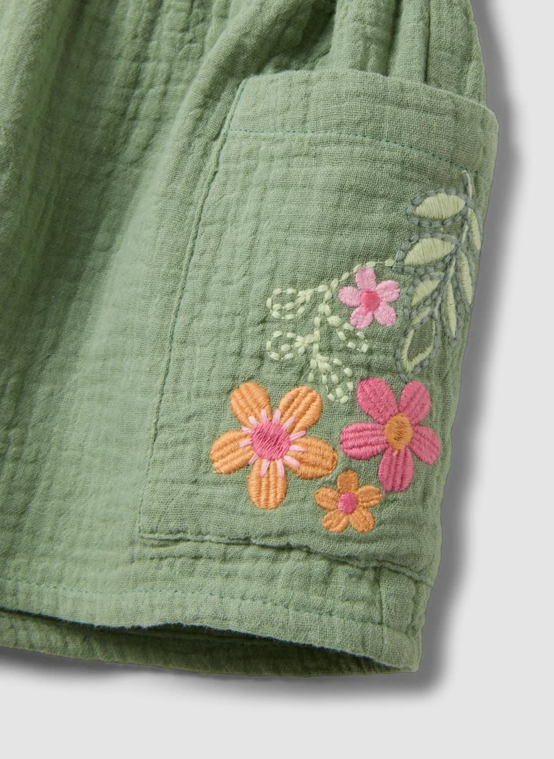 Ovs  OVS Green Pure Cotton Shorts With Floral Embroidery For Baby Girl, Regular Fit for Women | Best Price UAE