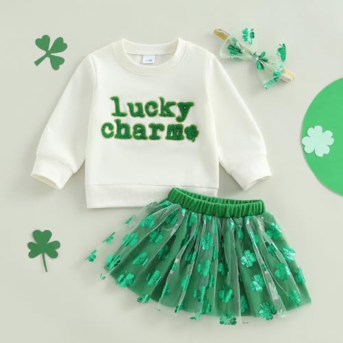 Amnnchya Toddler Baby Girl St Patricks Day Outfit Little Girl Clothes Skirt Set Lucky Charm Sweatshirt Clover Tutu Dress Green 1218 Months - Image 3