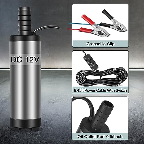COROTC 12V Fuel Transfer Pump, Mini Portable Stainless Steel On/Off Switch Oil Diesel Fuel Transfer Water Pump 12V 40mm - Image 4