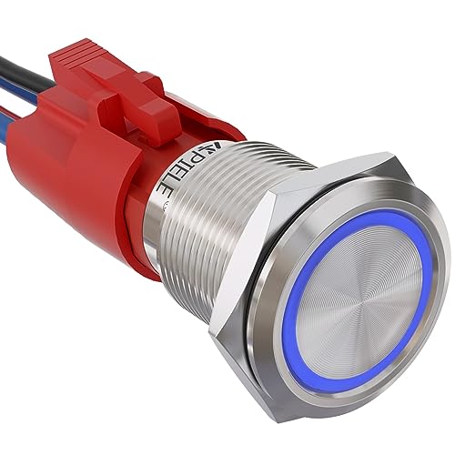 APIELE 10 Amp 19mm Latching Push Button Switch 12V SPST LED Waterproof Round Self-Locking 1NO (Silver Stainless Steel, Blue) - Image 1