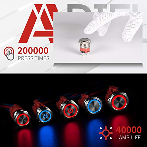 APIELE 10 Amp 19mm Latching Push Button Switch 12V SPST LED Waterproof Round Self-Locking 1NO (Silver Stainless Steel, Blue) - Image 5