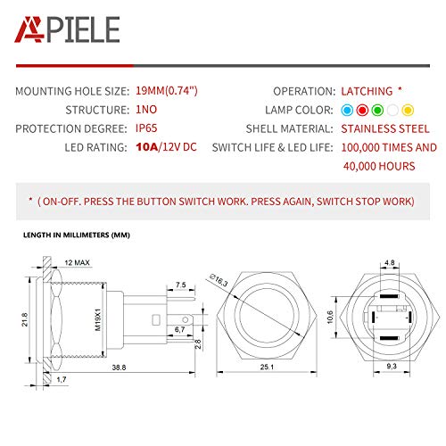 APIELE 10 Amp 19mm Latching Push Button Switch 12V SPST LED Waterproof Round Self-Locking 1NO (Silver Stainless Steel, Blue) - Image 2