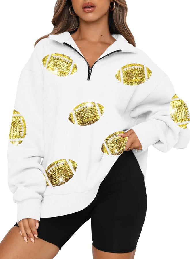 MAXIMGR Womens Sequin Football Sweatshirt Game Day Graphic 1/4 Zip Shirts Sunday Funday Pullover Casual Long Sleeve Tops, White, XXL - Image 1