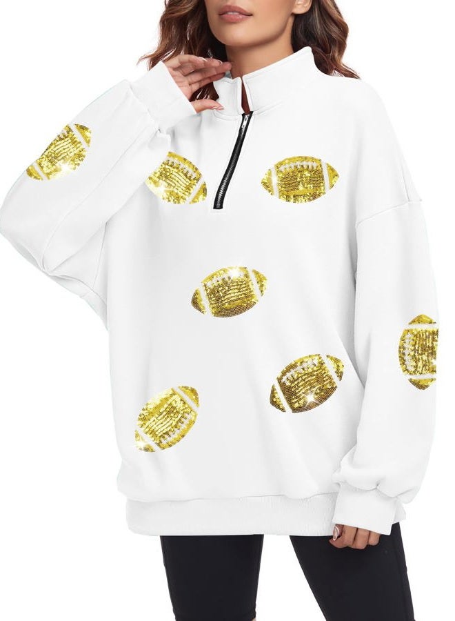 MAXIMGR Womens Sequin Football Sweatshirt Game Day Graphic 1/4 Zip Shirts Sunday Funday Pullover Casual Long Sleeve Tops, White, XXL - Image 4