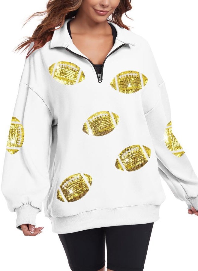 MAXIMGR Womens Sequin Football Sweatshirt Game Day Graphic 1/4 Zip Shirts Sunday Funday Pullover Casual Long Sleeve Tops, White, XXL - Image 2