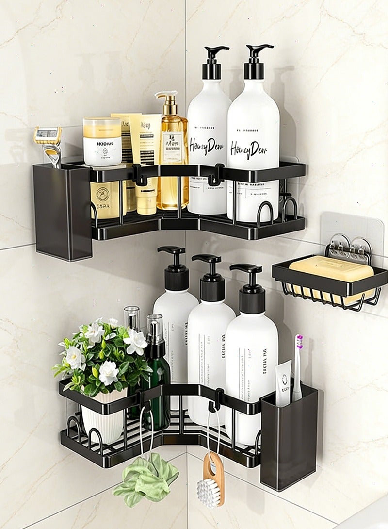 Yoawllty Shower Caddy 3 Packs, Bathroom Accessories Shelves for Bathroom Kitchen Storage, No Drilling Bathroom Shelves Corner Shower Caddy Rack with Hooks, Toothbrush Holder, Soap Holder - Image 1