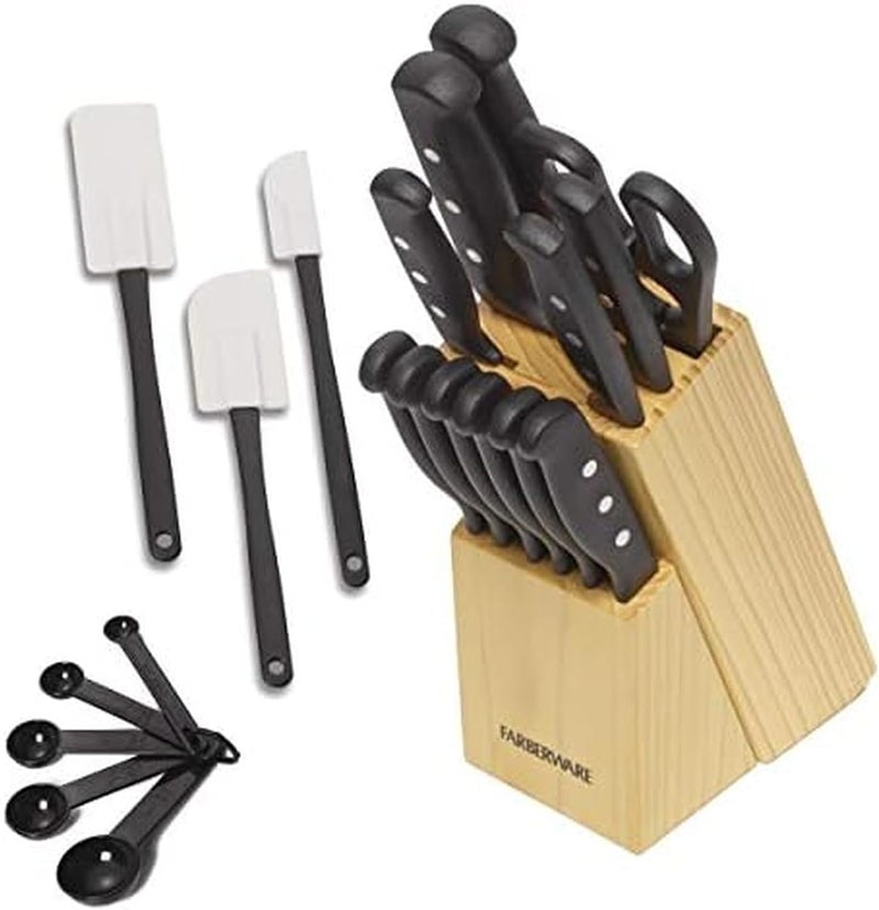 Farberware 22-Piece Never Needs Sharpening Triple Rivet High-Carbon Stainless Steel Knife Block and Kitchen Tool Set, Black, Durable ANDPrecision Cutlery - Image 1