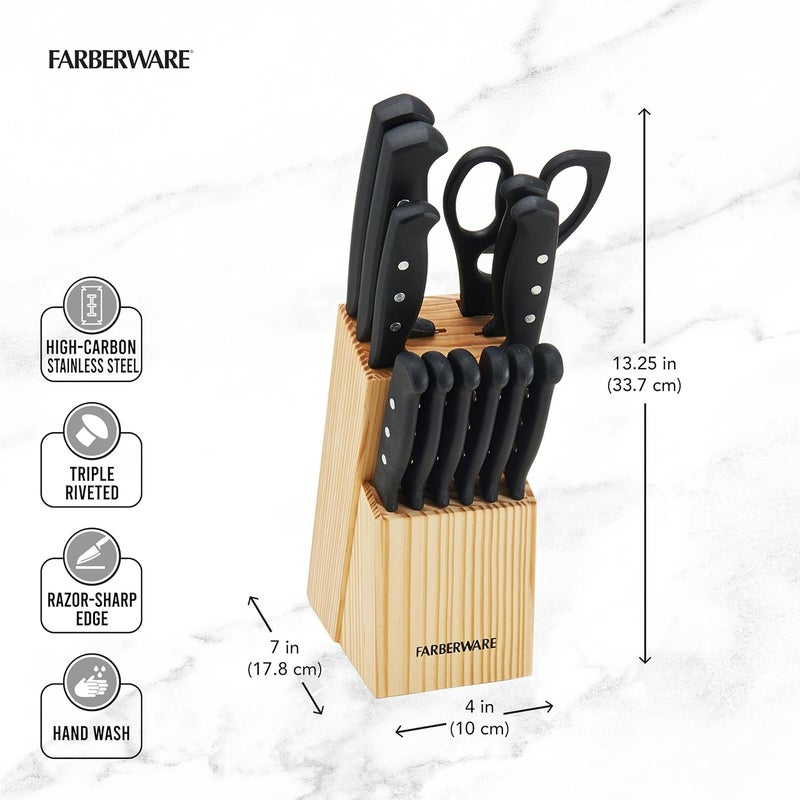 Farberware 22-Piece Never Needs Sharpening Triple Rivet High-Carbon Stainless Steel Knife Block and Kitchen Tool Set, Black, Durable ANDPrecision Cutlery - Image 4