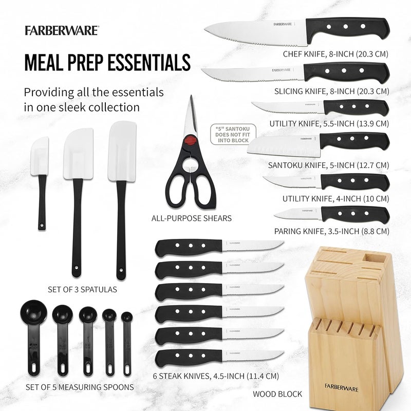 Farberware 22-Piece Never Needs Sharpening Triple Rivet High-Carbon Stainless Steel Knife Block and Kitchen Tool Set, Black, Durable ANDPrecision Cutlery - Image 2