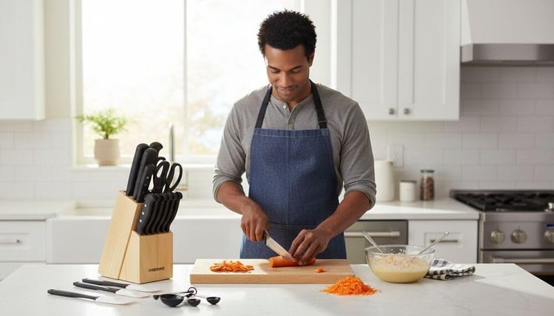 Farberware 22-Piece Never Needs Sharpening Triple Rivet High-Carbon Stainless Steel Knife Block and Kitchen Tool Set, Black, Durable ANDPrecision Cutlery - Image 5