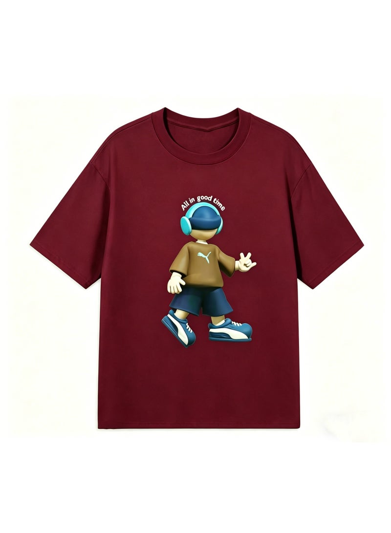Puma "All in Good Time" 3D Cartoon Character Cotton Burgundy T-Shirt-XXXXXL - Image 3