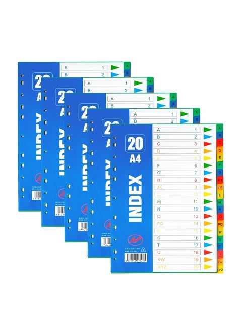 5 Pack File Dividers A4 Extra Wide 20 Part Dividers A4 Subject Folder Dividers with Blank Tabs Multipunched A4 Dividers for Ring Binders Plastic Binder Dividers (21cmx29.7cm)