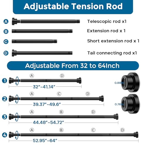 AIZESI Tension Curtain Rod 3264 Inch Adjustable Spring Loaded Curtain Rods No Drilling Black Curtain Rods for Window Doorway Closet Bathroom Kitchen - Image 3