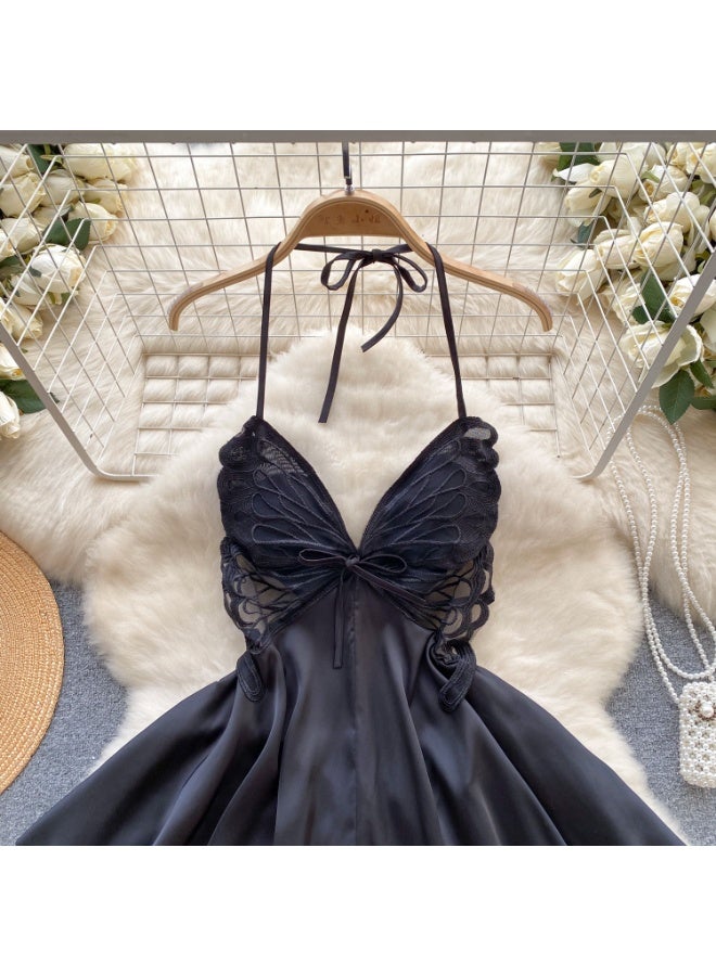 Caprisious Elegant Butterfly-Inspired Halter Neck Satin Dress with Lace Bodice - Image 2